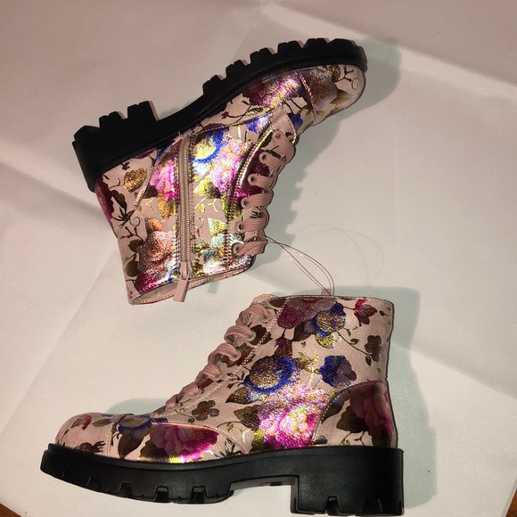 Pink Flower Metallic Combat Ankle Boot - Picture 4 of 4